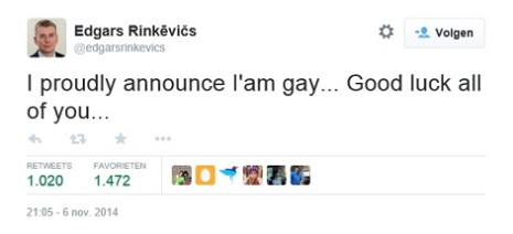 Edgars Rinkevics - tweet proud gay - 6 november 2014 klein