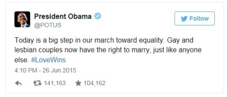 OBAMA - LOVE WINS tweet 26 juni 2015