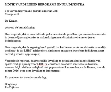 MOTIE LHBT-asielzoekers D66 Vera Bergkamp Pia Dijkstra - 1 maart 2016